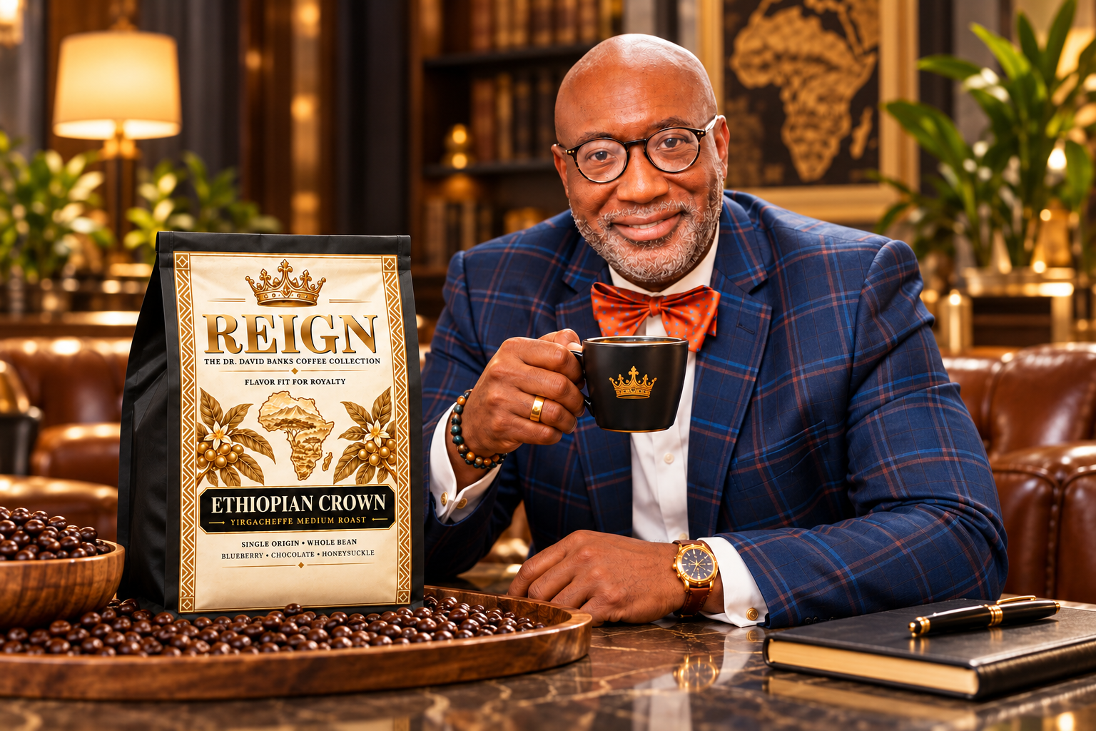 Dr. David Banks seated with REIGN Ethiopian Crown coffee, a cup, and coffee beans on the table