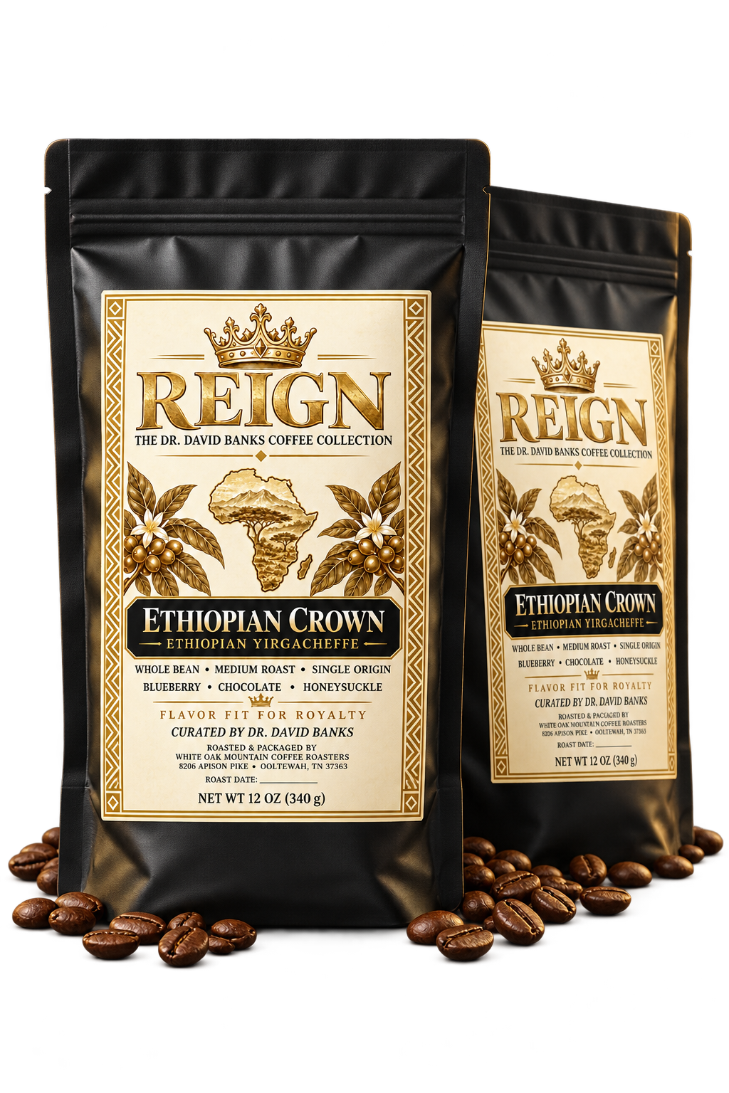 Two matte-black bags of REIGN Ethiopian Crown Coffee with the gold and ivory product label
